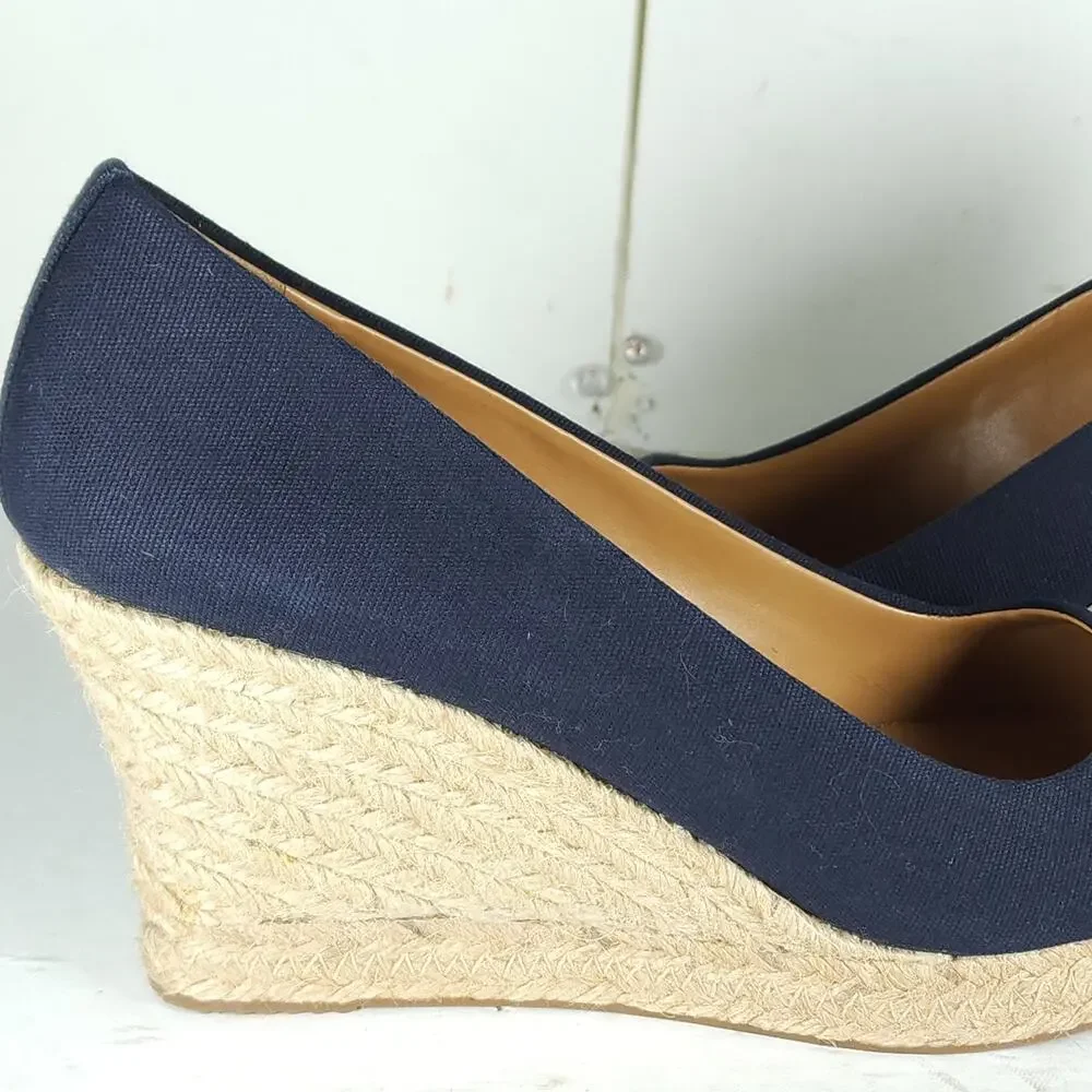 J. Crew Women's US 9 Canvas Navy Blue Wedge Pumps Espadrille Shoes New